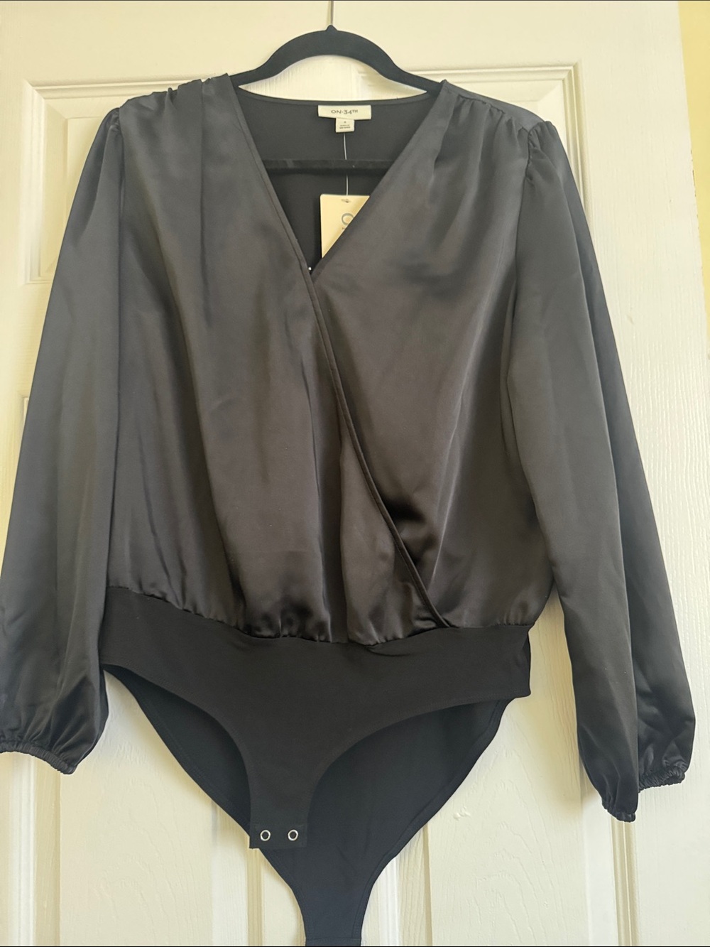 Black Satin Wrap-Style Long Sleeve Bodysuit